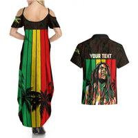 Couples maxi dress and Hawaiian shirt set, back view with reggae portrait and palm stripes