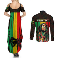 Reggae open-shoulder maxi dress and button-up shirt set, back portrait with text area