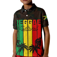 Kids polo shirt in dark with reggae striped front graphic and palm trees