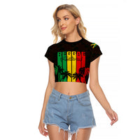 Black cropped raglan T-shirt with bold reggae portrait and palm graphic front