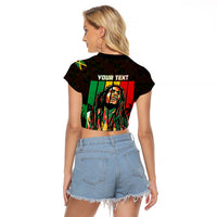 Black cropped raglan T-shirt, back shows reggae portrait and 'YOUR TEXT' print