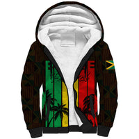 Sherpa-lined zip hoodie, dark brown plaid with multicolor reggae portrait on front
