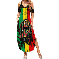 Women’s off-shoulder maxi dress, black with reggae stripes, palm and portrait print