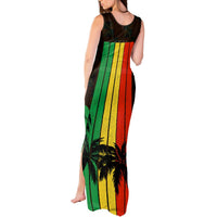 Women’s tank maxi dress with green, yellow, and red vertical stripe print and palm trees