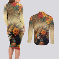 Dia de Los Muertos Mexico Couples Matching Long Sleeve Bodycon Dress and Long Sleeve Button Shirt Aztec Goddess Mictecacihuatl LT7 - Wonder Print Shop