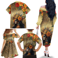 Dia de Los Muertos Mexico Family Matching Off The Shoulder Long Sleeve Dress and Hawaiian Shirt Aztec Goddess Mictecacihuatl - Wonder Print Shop