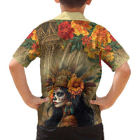Dia de Los Muertos Mexico Family Matching Off Shoulder Short Dress and Hawaiian Shirt Aztec Goddess Mictecacihuatl LT7 - Wonder Print Shop