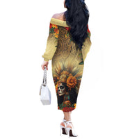 Dia de Los Muertos Mexico Off The Shoulder Long Sleeve Dress Aztec Goddess Mictecacihuatl - Wonder Print Shop