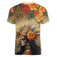 Dia de Los Muertos Mexico Women V-Neck T-Shirt Aztec Goddess Mictecacihuatl - Wonder Print Shop