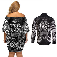 Custom New Zealand Rugby Couples Matching Off Shoulder Short Dress and Long Sleeve Button Shirt 2023 World Cup Aotearoa Haka Face LT7 - Wonder Print Shop