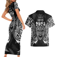 Custom New Zealand Rugby Couples Matching Short Sleeve Bodycon Dress and Hawaiian Shirt 2023 World Cup Aotearoa Haka Face LT7 - Wonder Print Shop