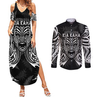 Custom New Zealand Rugby Couples Matching Summer Maxi Dress and Long Sleeve Button Shirt 2023 World Cup Aotearoa Haka Face LT7 - Wonder Print Shop
