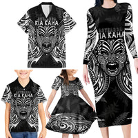 Custom New Zealand Rugby Family Matching Long Sleeve Bodycon Dress and Hawaiian Shirt 2023 World Cup Aotearoa Haka Face LT7 - Wonder Print Shop