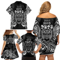Custom New Zealand Rugby Family Matching Off Shoulder Short Dress and Hawaiian Shirt 2023 World Cup Aotearoa Haka Face LT7 - Wonder Print Shop
