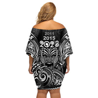 Custom New Zealand Rugby Family Matching Off Shoulder Short Dress and Hawaiian Shirt 2023 World Cup Aotearoa Haka Face LT7 - Wonder Print Shop