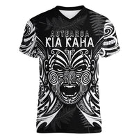 Custom New Zealand Rugby Women V Neck T Shirt 2023 World Cup Aotearoa Haka Face - Wonder Print Shop