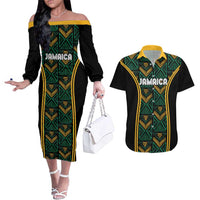 Jamaica Reggae Boyz Custom Couples Matching Off The Shoulder Long Sleeve Dress and Hawaiian Shirt Ethnic Motifs LT7 - Wonder Print Shop