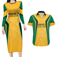 Jamaica Custom Couples Matching Long Sleeve Bodycon Dress and Hawaiian Shirt Ethnic Motifs - Gold Accents LT7 - Wonder Print Shop