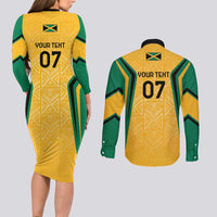 Jamaica Custom Couples Matching Long Sleeve Bodycon Dress and Long Sleeve Button Shirt Ethnic Motifs - Gold Accents LT7 - Wonder Print Shop