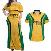 Jamaica Custom Couples Matching Off Shoulder Maxi Dress and Hawaiian Shirt Ethnic Motifs - Gold Accents LT7 - Wonder Print Shop
