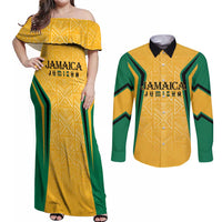 Jamaica Custom Couples Matching Off Shoulder Maxi Dress and Long Sleeve Button Shirt Ethnic Motifs - Gold Accents LT7 - Wonder Print Shop
