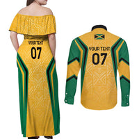 Jamaica Custom Couples Matching Off Shoulder Maxi Dress and Long Sleeve Button Shirt Ethnic Motifs - Gold Accents LT7 - Wonder Print Shop