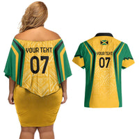 Jamaica Custom Couples Matching Off Shoulder Short Dress and Hawaiian Shirt Ethnic Motifs - Gold Accents LT7 - Wonder Print Shop
