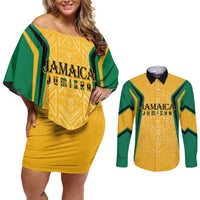 Jamaica Custom Couples Matching Off Shoulder Short Dress and Long Sleeve Button Shirt Ethnic Motifs - Gold Accents LT7 - Wonder Print Shop