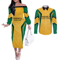 Jamaica Custom Couples Matching Off The Shoulder Long Sleeve Dress and Long Sleeve Button Shirt Ethnic Motifs - Gold Accents