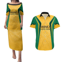 Jamaica Custom Couples Matching Puletasi and Hawaiian Shirt Ethnic Motifs - Gold Accents LT7 - Wonder Print Shop
