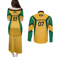 Jamaica Custom Couples Matching Puletasi and Long Sleeve Button Shirt Ethnic Motifs - Gold Accents LT7 - Wonder Print Shop