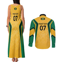 Jamaica Custom Couples Matching Tank Maxi Dress and Long Sleeve Button Shirt Ethnic Motifs - Gold Accents LT7 - Wonder Print Shop