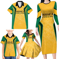 Jamaica Custom Family Matching Long Sleeve Bodycon Dress and Hawaiian Shirt Ethnic Motifs - Gold Accents LT7 - Wonder Print Shop