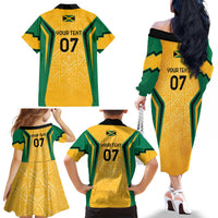 Jamaica Custom Family Matching Off The Shoulder Long Sleeve Dress and Hawaiian Shirt Ethnic Motifs - Gold Accents - Wonder Print Shop