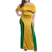 Jamaica Custom Family Matching Off Shoulder Maxi Dress and Hawaiian Shirt Ethnic Motifs - Gold Accents LT7 - Wonder Print Shop