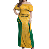 Jamaica Custom Off Shoulder Maxi Dress Ethnic Motifs - Gold Accents - Wonder Print Shop