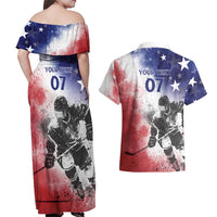 USA Ice Hockey Custom Couples Matching Off Shoulder Maxi Dress and Hawaiian Shirt Splash Art Abstract Style