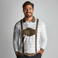 Germany Trachten Lederhose Inspired Long Sleeve Polo Shirt Washed Brown