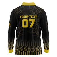 Ghana Black Star Custom Long Sleeve Polo Shirt Gold Ananse Spiderweb Inspired