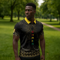 Ghana Black Star Custom Zipper Polo Shirt Gold Ananse Spiderweb Inspired