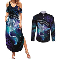 Polynesian Tala Manta Ray Couples Matching Summer Maxi Dress and Long Sleeve Button Shirt Nowhere You Could Go That I Won't Be With You - Wonder Print Shop