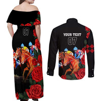 Horse Racing Custom Couples Matching Off Shoulder Maxi Dress and Long Sleeve Button Shirt 151st Anniversary Race For the Roses LT7