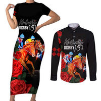 Horse Racing Custom Couples Matching Short Sleeve Bodycon Dress and Long Sleeve Button Shirt 151st Anniversary Race For the Roses LT7