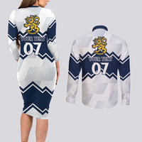 Suomi Ice Hockey Custom Couples Matching Long Sleeve Bodycon Dress and Long Sleeve Button Shirt Scandinavian Mountains Inspired
