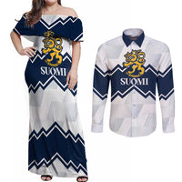 Suomi Ice Hockey Custom Couples Matching Off Shoulder Maxi Dress and Long Sleeve Button Shirt Scandinavian Mountains Inspired