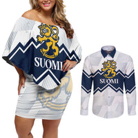 Suomi Ice Hockey Custom Couples Matching Off Shoulder Short Dress and Long Sleeve Button Shirt Scandinavian Mountains Inspired