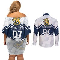 Suomi Ice Hockey Custom Couples Matching Off Shoulder Short Dress and Long Sleeve Button Shirt Scandinavian Mountains Inspired