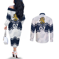 Suomi Ice Hockey Custom Couples Matching Off The Shoulder Long Sleeve Dress and Long Sleeve Button Shirt Scandinavian Mountains Inspired