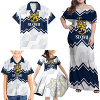 Suomi Ice Hockey Custom Family Matching Off Shoulder Maxi Dress and Hawaiian Shirt Scandinavian Mountains Inspired
