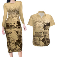 Gulf Of Mexico Vintage Map Est.1550 Couples Matching Long Sleeve Bodycon Dress and Hawaiian Shirt
